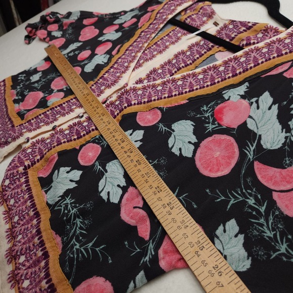 Free People Shirt Women's Small Boho Citrus Tie Sleeve Top Pink Black - Picture 4 of 11